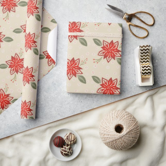 Papier Cadeau Art populaire Poinsettia Rustique Noël hiver Flora (Artisanat)