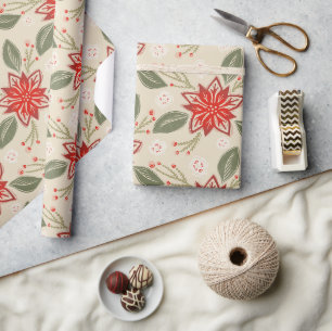 Papier Cadeau Art populaire Poinsettia Rustique Noël hiver Flora