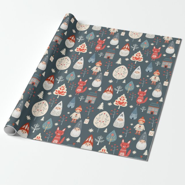 Papier Cadeau Art populaire scandinave avec génomes de Noël (Déroulé)