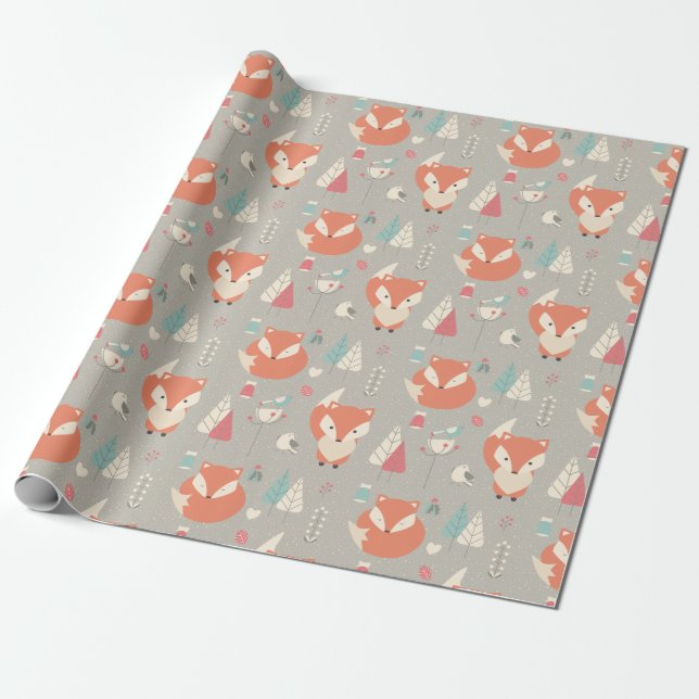 Papier Cadeau Art populaire scandinave Fleurs Renard Rouge (Déroulé)