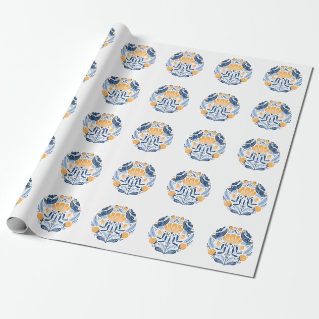 Papier Cadeau Art populaire scandinave ornement floral (Déroulé)