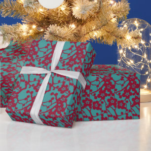 Papier Cadeau Asiatique Japonaise Rouge & Turquoise Cerise Bloss