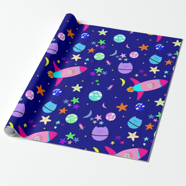 Papier Cadeau astronaute chat vaisseau spatial galaxie (Déroulé)