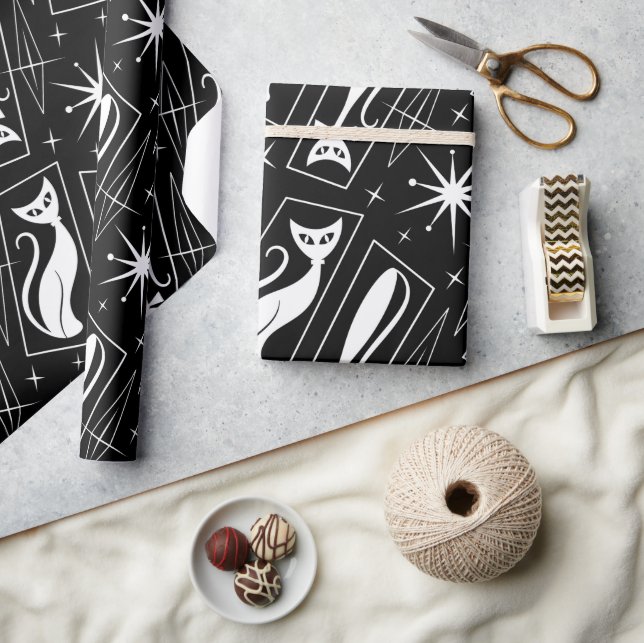 Papier Cadeau Atomique Star Cat MidCentury moderne Noël MCM Wr (Artisanat)