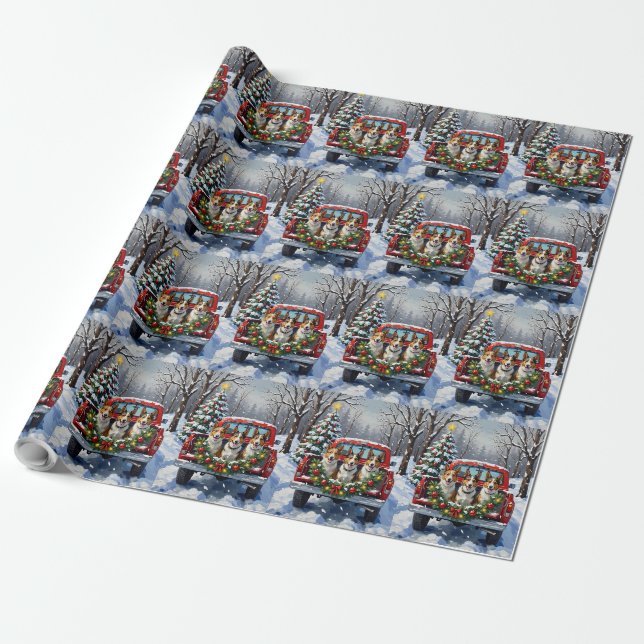 Papier Cadeau Australian Kelpie Christmas Red Truck Holiday (Déroulé)