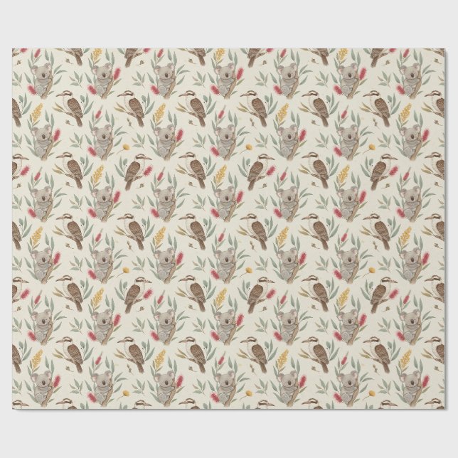 Papier Cadeau Australian Koalas, Kookaburras and Native Flora (Plat)