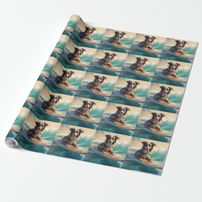 Papier Cadeau Australian Shepherd Beach Surfing Peinture (Déroulé)