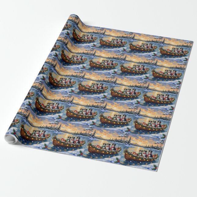 Papier Cadeau Australian Shepherd Christmas Boat Holiday (Déroulé)