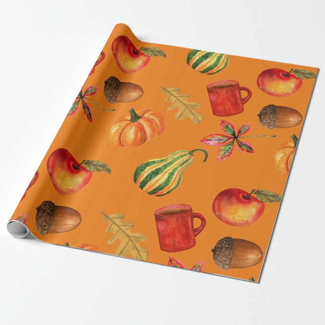 Papier Cadeau Automne Automne Halloween Citrouille Épice Rouille (Déroulé)