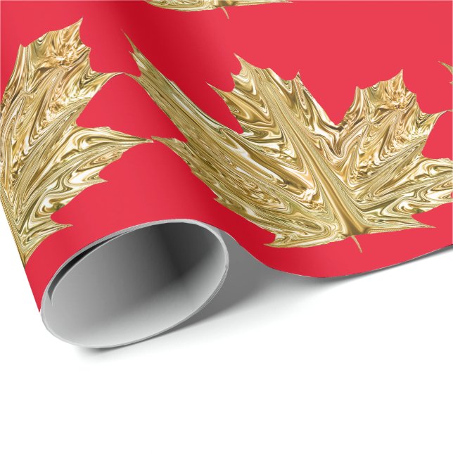 Papier Cadeau Automne Gold feuille d'érable automne rouge hiver (Coin rond)
