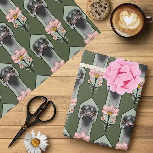Papier Cadeau Autruche Rose Fleurs Vert Olive Art Déco
