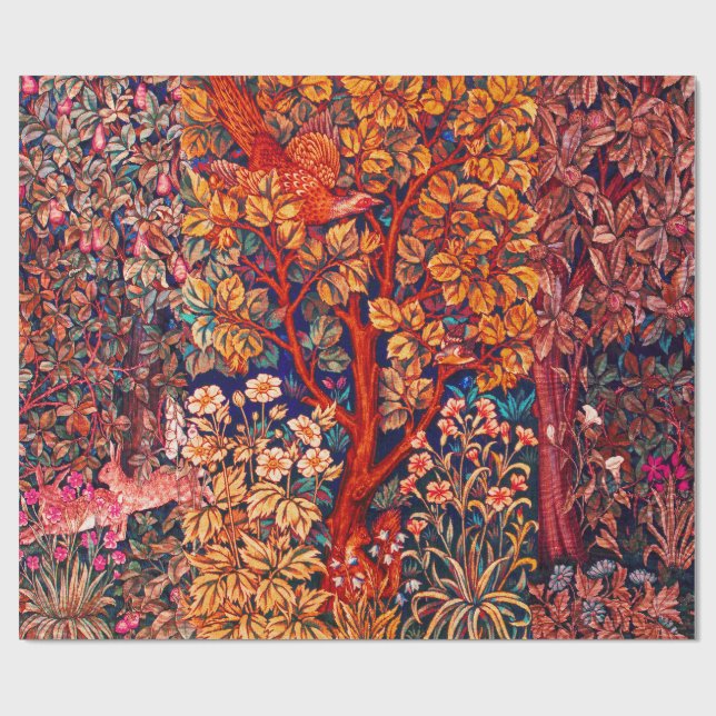 Papier Cadeau AUTUMN FOREST ANIMALS Haricots, faisan, Floral rou (Plat)