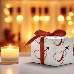 Papier Cadeau Avion Volant Coeur ILove Mon Pilote Amusant Annive