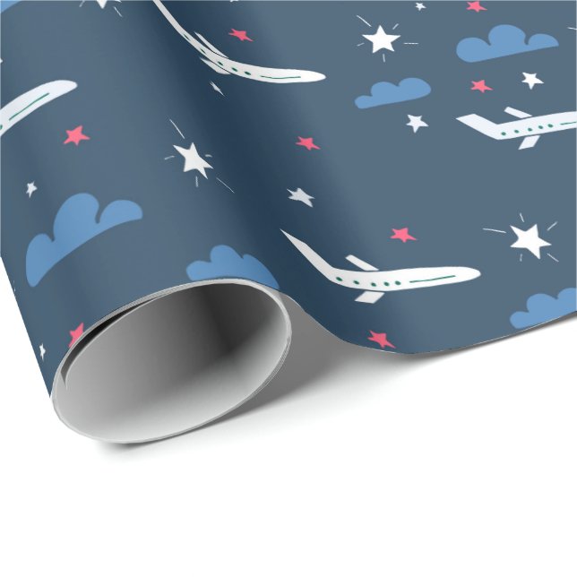 Papier Cadeau avions et étoiles en bleu (Coin rond)