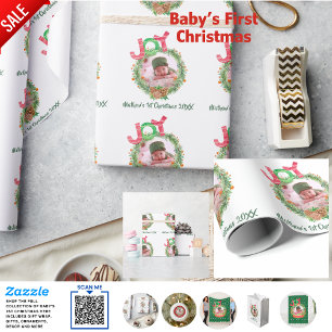 Papier Cadeau Baby 1er Noël PHOTO Wreath Nommée Keepsar