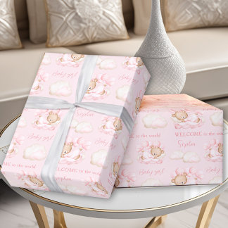 Papier Cadeau Baby Bear Rose Nouveau-né Baby Girl Name