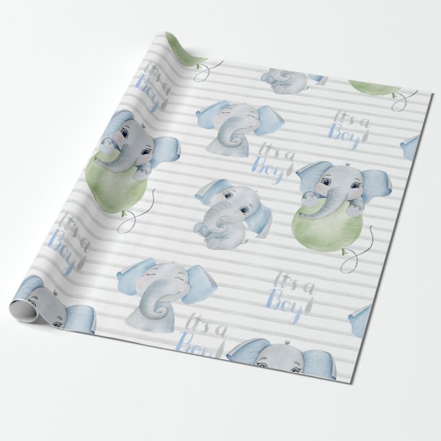Papier Cadeau Baby Boy Elephant C’est un garçon Douche (Déroulé)