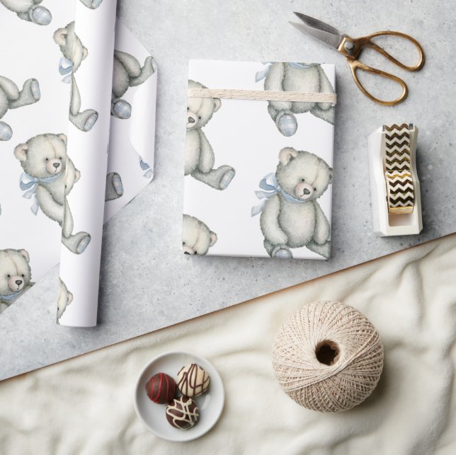 Papier Cadeau Baby Boy Teddy Bear Aquarelle bleu (Artisanat)