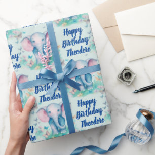 Papier Cadeau Baby Elephant Boys Personnalisé Anniversaire