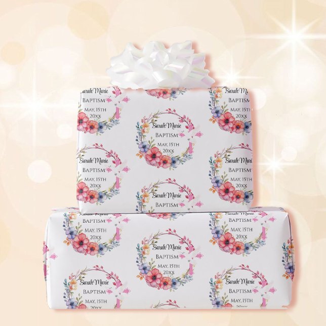Papier Cadeau Baby Girl Baptism Nom Date Pink Floral Cross Dove (Créateur téléchargé)