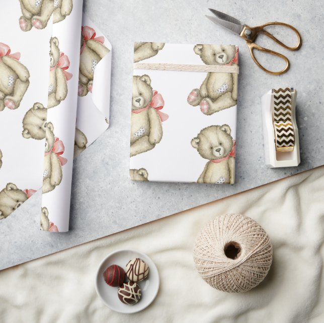 Papier Cadeau Baby Girl Teddy Bear Aquarelle rose (Artisanat)
