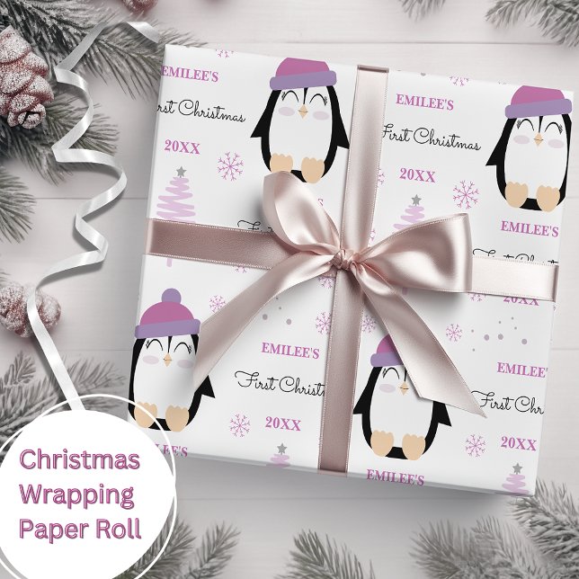Papier Cadeau Baby Girls First Christmas Winter Penguin rose (Créateur téléchargé)