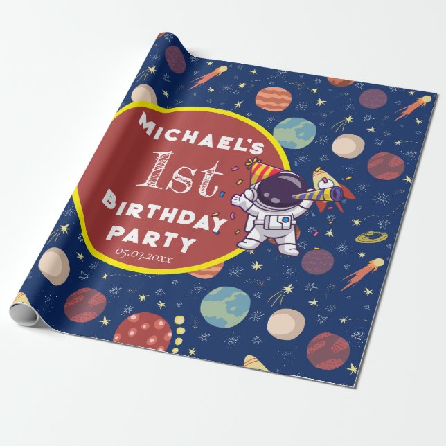 Papier Cadeau Baby Kids Astronaut Space N'importe quel âge fête  (Déroulé)