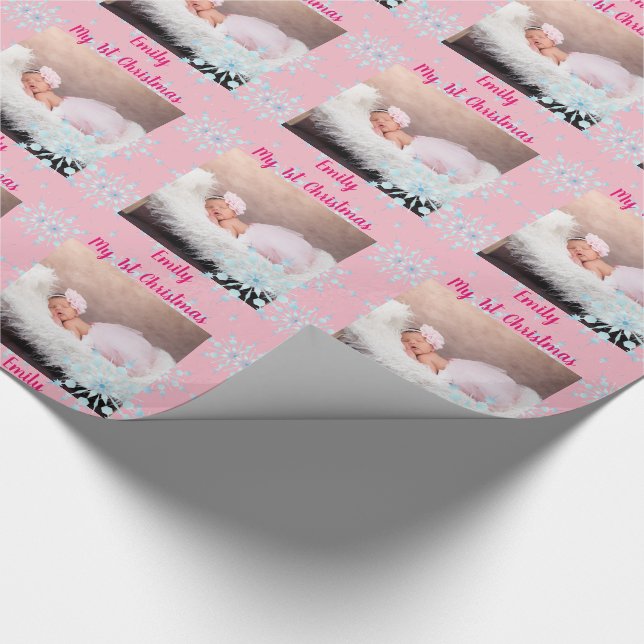 Papier Cadeau Baby PHOTO CadeauWrap - 1ère Fille Rose de Noël (Coin)