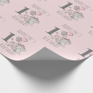 Papier Cadeau Baby Princess Elephant Girl rose 1er anniversaire