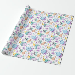 Papier Cadeau Baby Safari Animaux Girafe Éléphant Zebra Hippo