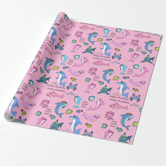 Papier Cadeau Baby Shark Family Doo Doo Joyeux anniversaire (Déroulé)