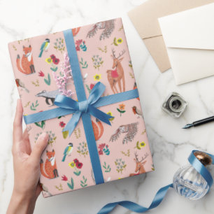 Papier Cadeau Baby Shower Animaux de la Forêt Rose
