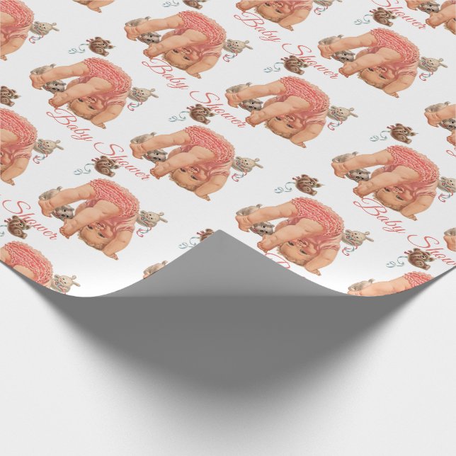 Papier Cadeau Baby shower Bébé Fille Rose Rouffled culotte Ours (Coin)