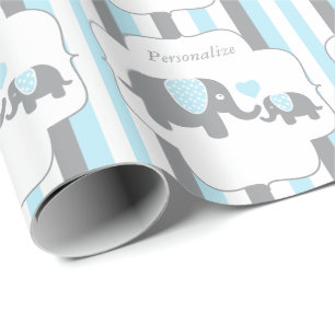 Papier Cadeau Baby shower blanc, bleu et gris d'éléphants de