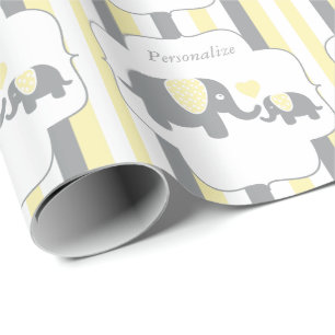 Papier Cadeau Baby shower blanc, jaune et gris d'éléphants de