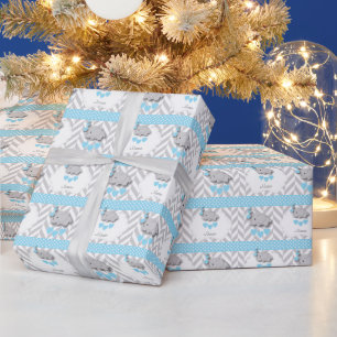 Papier Cadeau Baby shower bleu, gris blanc Elephant 👶