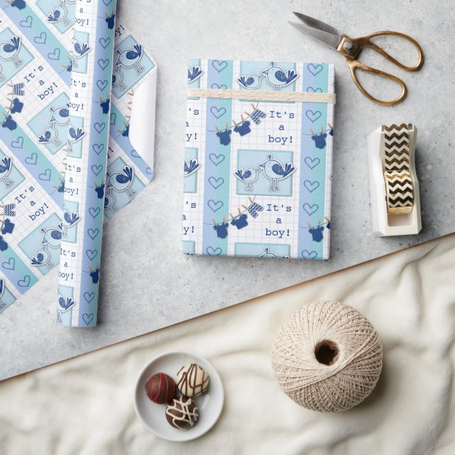Papier Cadeau Baby shower C’est un garçon Bleu Oiseaux (Artisanat)
