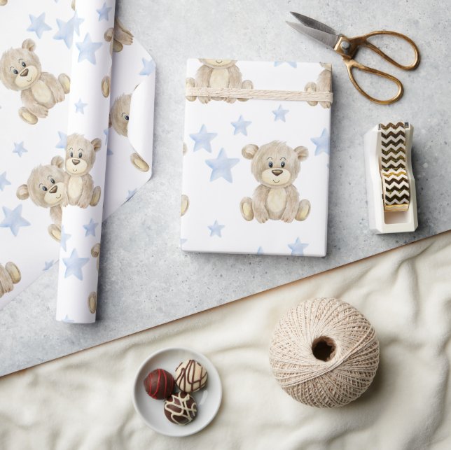 Papier Cadeau Baby shower d'aquarelle Teddy Bear Blue Stars (Artisanat)