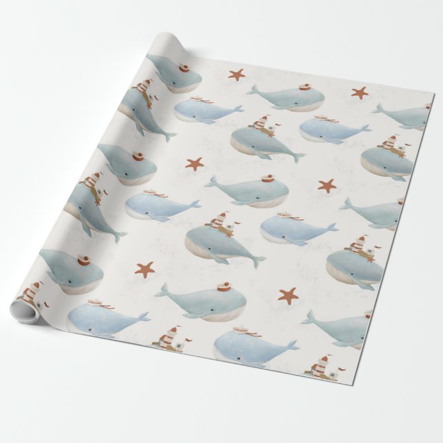 Papier Cadeau Baby shower de baleines adorable (Déroulé)