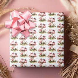 Papier Cadeau Baby shower de la coccinelle rose et des champigno