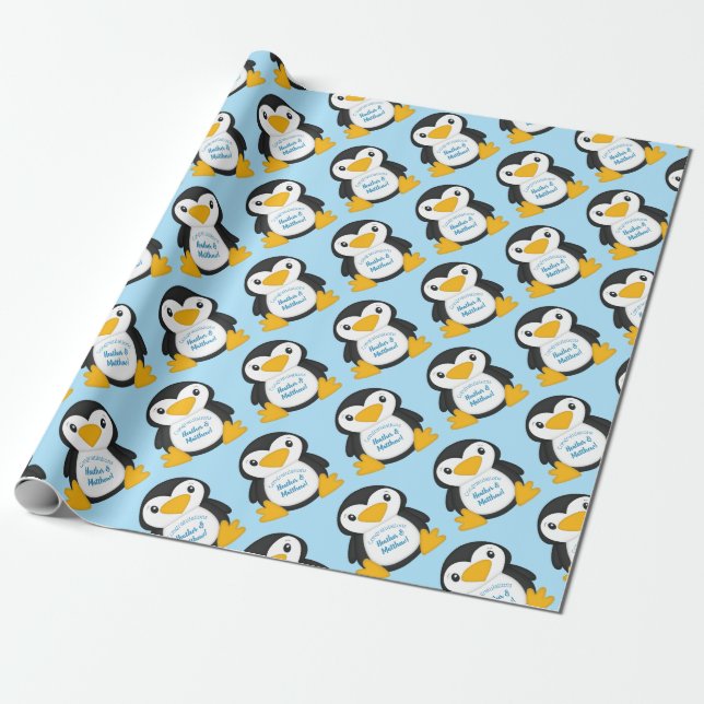 Papier Cadeau Baby shower de pingouin bleu (Déroulé)