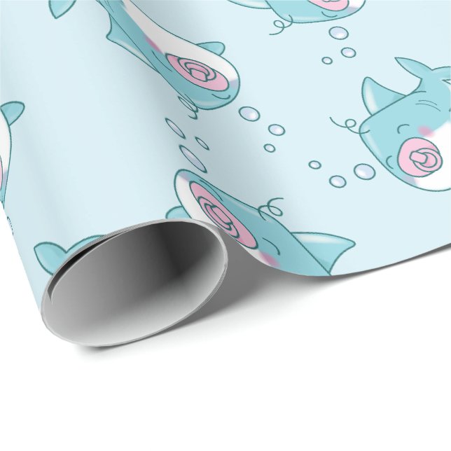 Papier Cadeau Baby shower de requin mignon Kawaii fille rose (Coin rond)