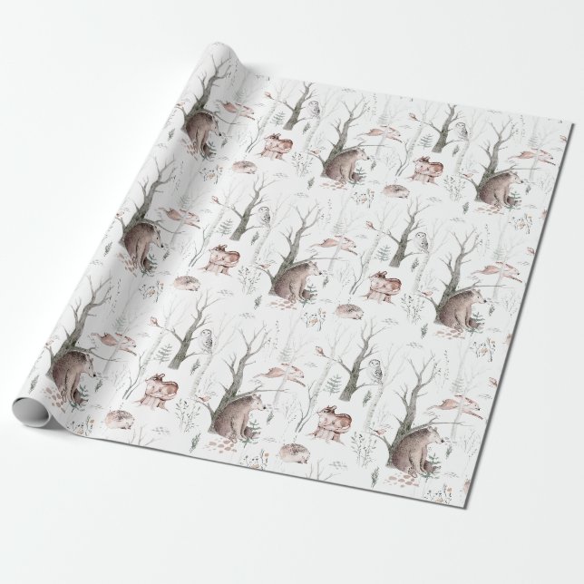 Papier Cadeau Baby shower des amis de la forêt aquarelle (Déroulé)