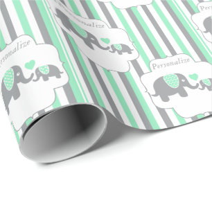 Papier Cadeau Baby shower des éléphants blancs, gris et verts