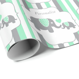 Papier Cadeau Baby shower des éléphants blancs, verts et gris