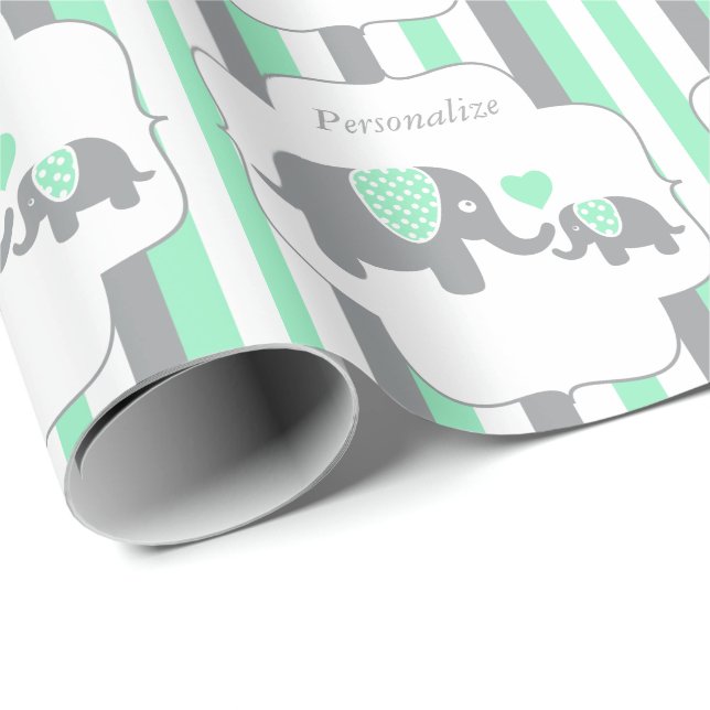 Papier Cadeau Baby shower des éléphants blancs, verts et gris (Coin rond)