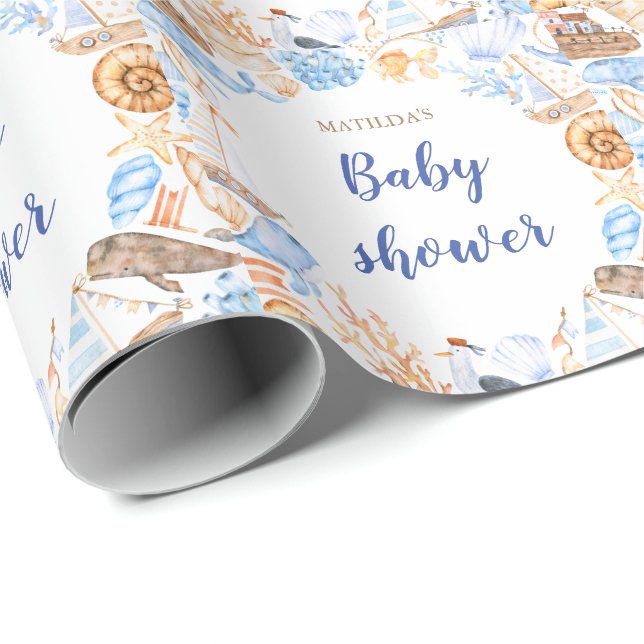 Papier Cadeau baby shower d'illustrations de plage nautique (Coin rond)