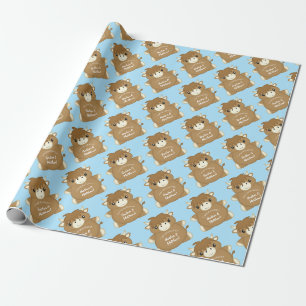Papier Cadeau Baby shower écossais de vache Highland Blue