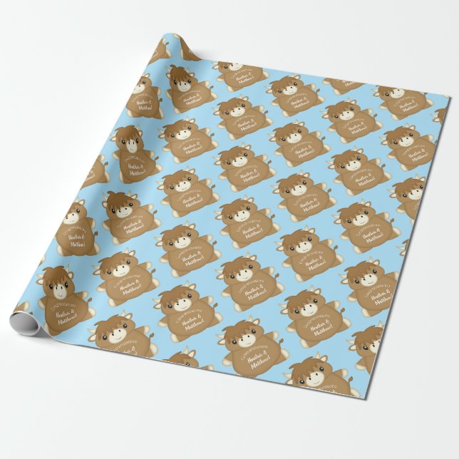 Papier Cadeau Baby shower écossais de vache Highland Blue (Déroulé)