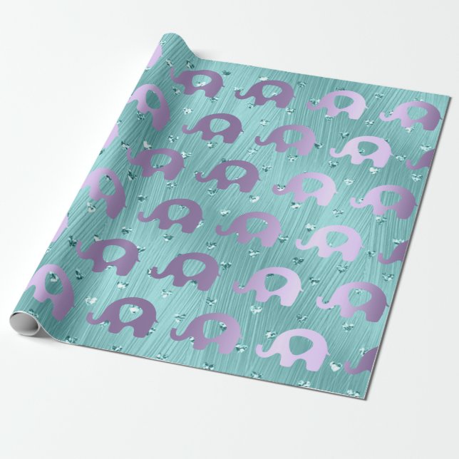 Papier Cadeau Baby shower Eléphant Violet Princesse Coeur (Déroulé)